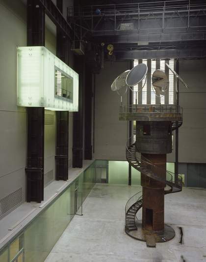 Tower-like metal sculpture in turbine hall