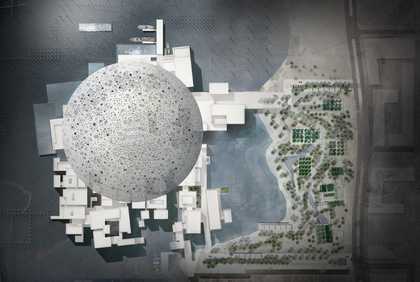 A birds-eye view plan showing a round building on an island