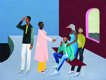 Painting of five figures inside a room with a window looking out onto a view of the sea on the far right of the painting. From left to right, the first figure is looking away from the rest of the group with a hand raised to their temple, the second figure