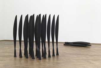 Lucy Skaer Black Alphabet after Brancusi 2008 copies in charcoal of brancusi sculptures set up in a group with two on toppled over lying close by