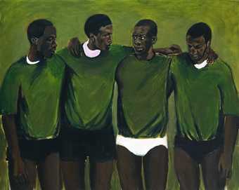 A painting by Lynette Yiadom-Boakye, featuring four male presenting Black figures in green sweaters, with a lighter green background.