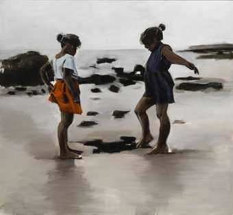 A painting by Lynette Yiadom-Boakye, depicting two Black children playing on a rocky beach, under a grey sky. One child wears a navy dress and the other an orange skirt and white top: both have their hair in buns, tied in ribbons.