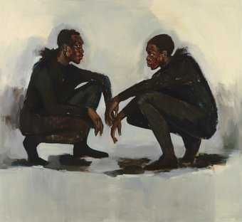 Painting of two people crouching and looking at one another
