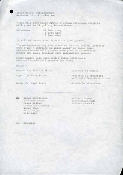 Bruce McLean, Good Manners and Physical Violence 1985, preliminary plans for the performance, Tate Archive