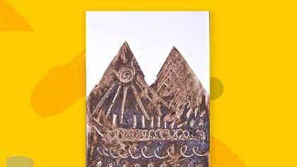 A mud painting of two mountains on a white background, set against a yellow background