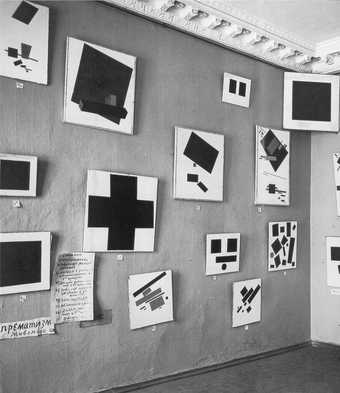 Installation view of Kazimir Malevich's paintings at 'The Last Futurist Exhibition of Painting 0:10', Petrograd, 1915