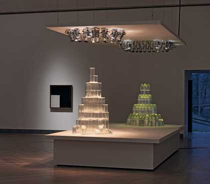 Installation view of Josiah McElheny's Alpine Cathedral 2007 with Malevich's Black and White Suprematist Composition 1915