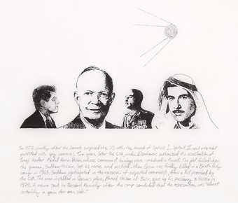 Michael Rakowitz Man on the Moon, Part I 2009 Portraits of four men with caption text underneath.