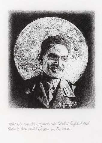 Michael Rakowitz Man on the Moon, Part I 2009 Portrait of a man in military uniform with the moon behind him. There is a caption text underneath the drawing.