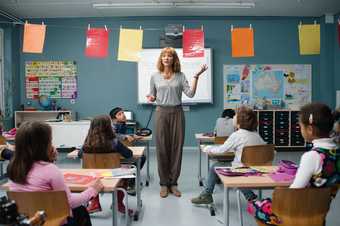 Film still from Manifesto showing Cate Blanchett as a teacher 