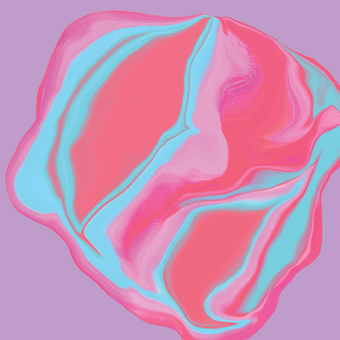 A colourful purple, green, blue and yellow liquid blob on a purple background.