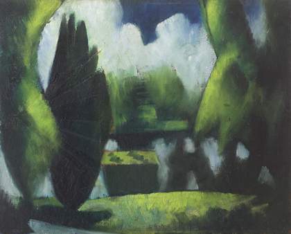 Mark Gertler, The Pond, Garsington, 1916, oil paint on board, 32 x 42 cm - private collection, courtesy Piano Nobile, Robert Travers (Works of Art) Ltd