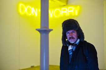 Martin Creed in front of Martin Creed Work No. 890, DON’T WORRY 2008