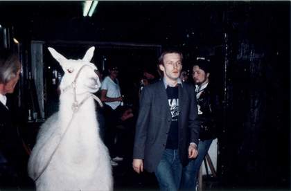 Martin Kippenberger with llama at the closing party of S O 36 music club in Berlin 30 June 1980