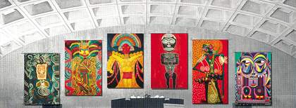 installation view of Pacita Abad's Masks from Six Continents 