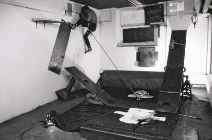 Matthew Barney Performing Drawing Restraint 2 in his studio 1988