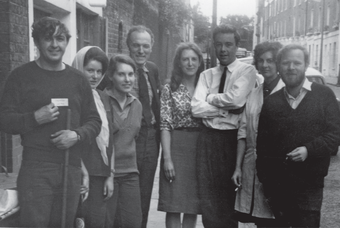 Maurice de Sausmarez outside the Byam Shaw School of Art with some of his students, 1965