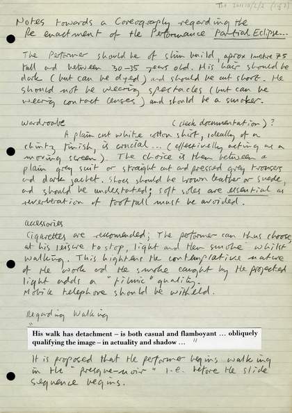 Marc Camille Chaimowicz, ‘Notes towards a coreography [sic] regarding the re-enactment of the Performance Partial Eclipse’