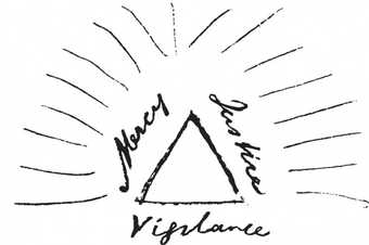 Pen sketch with a triangle in the middle with words Mercy, Justice and Vigilance around it