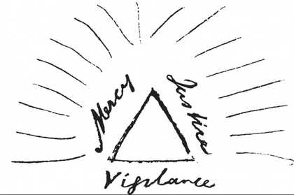 Pen sketch with a triangle in the middle with words Mercy, Justice and Vigilance around it