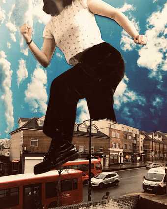 collage of a woman stepping over a London bus