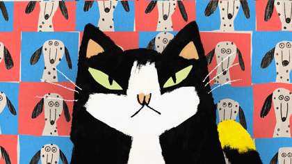 An illustration of a black and white cat glares into the camera, surrounded by red and blue squares featuring the face of a dalmation