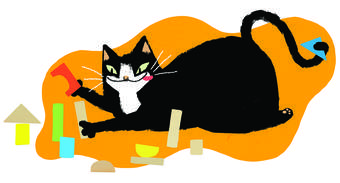 A cartoon image of a cat playing with some colourful blocks