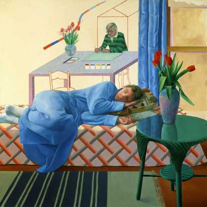 David Hockney, Model with Unfinished Self-Portrait, 1977 Private Collection © David Hockney