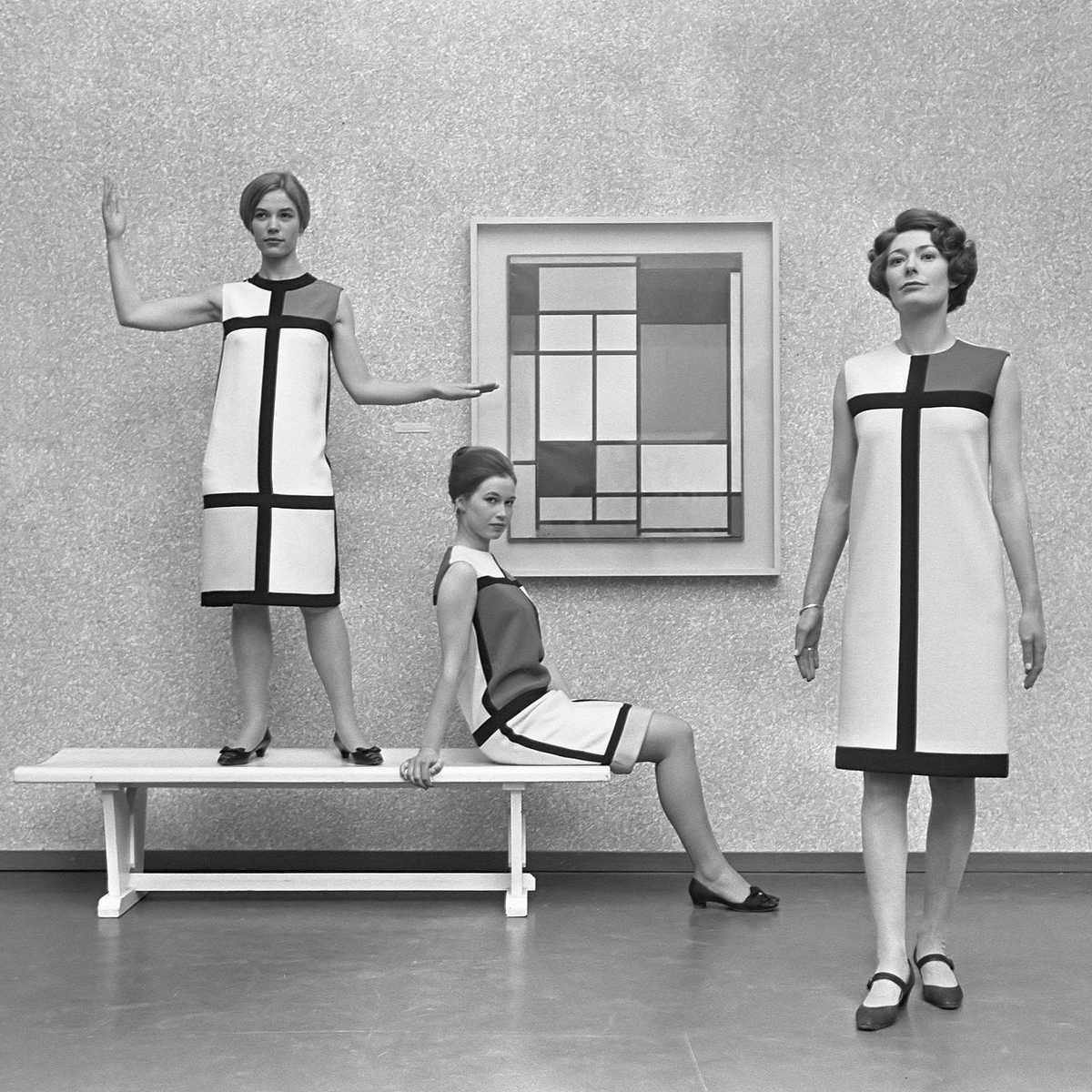 Photograph of models in Mondrian dresses by Yves St Laurent (1966)