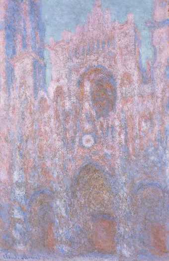A painting of a section of Rouen Cathedral in rough brush strokes and light colours.