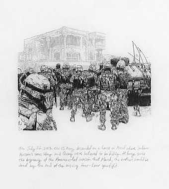 Michael Rakowitz More Machine than Man, Twisted and Evil 2009 A drawing of soldiers surrounding a house. There is a caption text underneath the drawing.