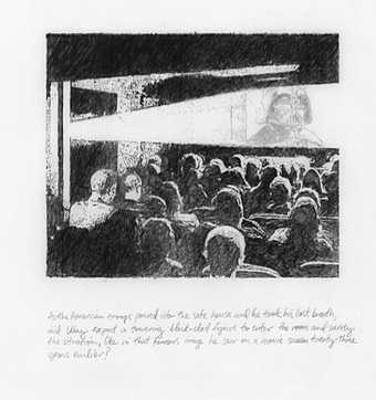 Michael Rakowitz More Machine than Man, Twisted and Evil 2009 A drawing of a cinema audience with a projection of Darth Vader (a dark masked figure) from the Star Wars saga. Wth a caption text.