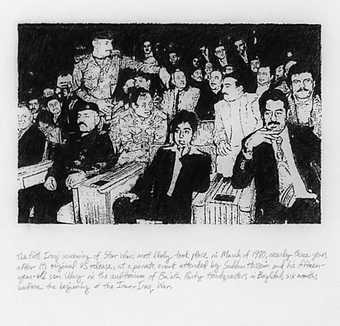 Michael Rakowitz More Machine than Man, Twisted and Evil 2009 A drawing of a cinema audience with Saddam Hussein and his son. Caption text below the image.