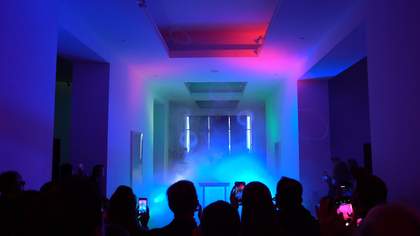 Colourful lights and smoke rings as part of Motonaga Sadamasa's Work (Smoke)