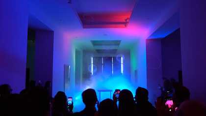 Colourful lights and smoke rings as part of Motonaga Sadamasa's Work (Smoke)