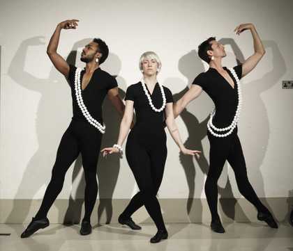 Photograph of three dancers posing as part of Pablo Bronstein's Historical Dances in An Antique Setting 2016