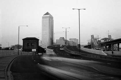 Black and white photograph of a city scape