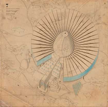Paul Nelson’s aerial perspective drawing for the unrealised Palais de la Découverte project, Paris