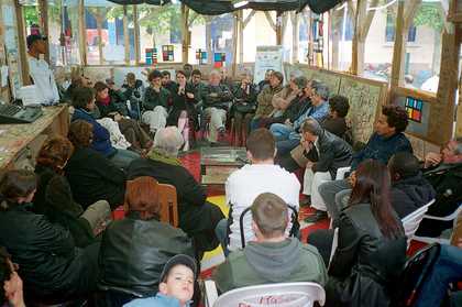 'Jews/Arabs' debate hosted by Leïla Shadid during Piet Mondrian week at Thomas Hirschhorn's Musée Précaire Albinet, 7 May 2004