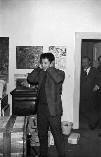 Nam June Paik during his Exposition of Music Electronic Television 1963 Galerie Parnass Wuppertal