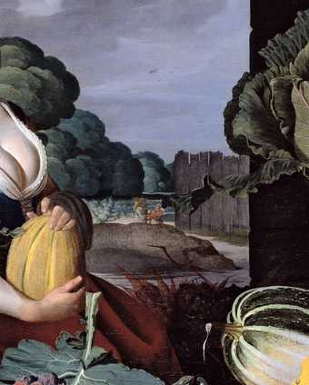 Nathaniel Bacon, Cookmaid with Still Life of Vegetables and Fruit (detail) c.1620–5, oil paint on canvas, 151 × 247.5 cm