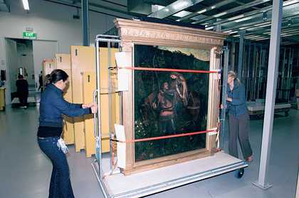 National Gallery of Victoria, Melbourne, art handlers moving Arthur Hughes’s La Belle Dame Sans Merci 1861–3