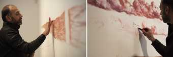 Two close-up photographs of Nikhil Chopra creating his mural during the performance of Rouge: smudging with a finger and drawing with a lipstick directly onto the wall