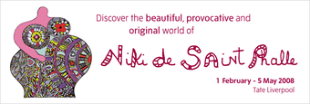 Exhibition banner for Niki de Saint Phalle at Tate Liverpool