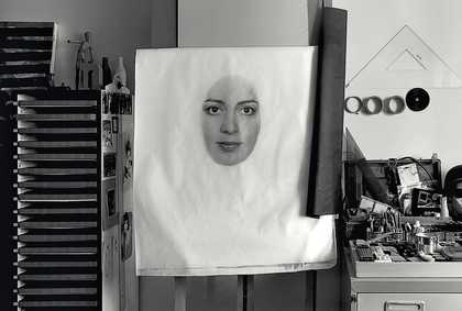 Nikoo Kohbodi's home studio in Tehran, with her unfinished self-portrait, 2017 - photo Behzad Elias-Azar