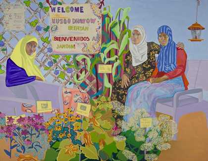 Aliza Nisenbaum Nimo, Sumiya, and Bisharo harvesting flowers and vegetables at Hope Community Garden 2017 © Aliza Nisenbaum. Courtesy the artist and Minneapolis Institute of Art, Minneapolis, Anton Kern Gallery, New York