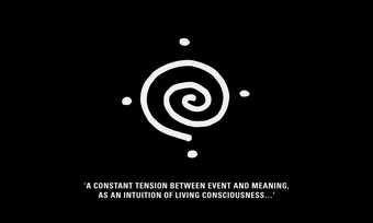 A white spiral on a black background with the text 'A constant tension between event and meaning, as an intuition of living consciousness...'