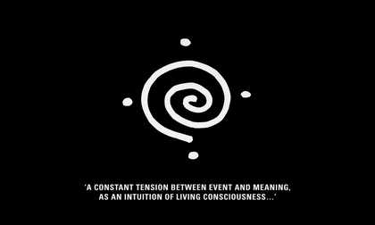 A white spiral on a black background with the text 'A constant tension between event and meaning, as an intuition of living consciousness...'