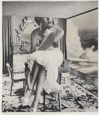 Black and white photomontage collage showing a luxury fashion model sat on a table with two chairs either side, in the background there is an ornate mirror, candles and curtains and through a wall to floor window there is a wolf emerging from the sea.