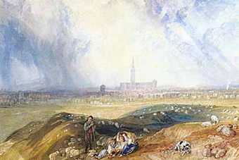 A family huddled for shelter on a hill in the foreground, with Salisbury Cathedral just visible on the horizon.